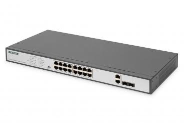 16-Port Fast Ethernet PoE Netzwerkswitch, 19 Zoll, unmanaged, 2 Uplink Ports, SFP, 250 W, af/at 