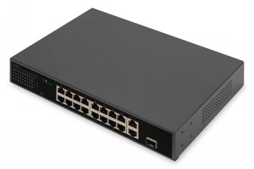 16-Port Fast Ethernet PoE Netzwerkswitch, 19 Zoll, unmanaged, 2+1 Uplink Ports, RJ45 + SFP, 185 W, af/at 