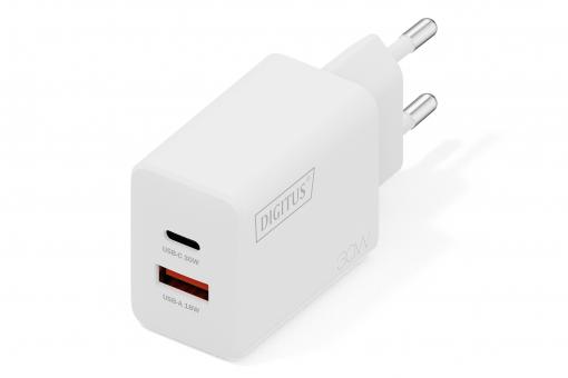 USB GaN Charger 30W, 1x USB-C, 1x USB-A 